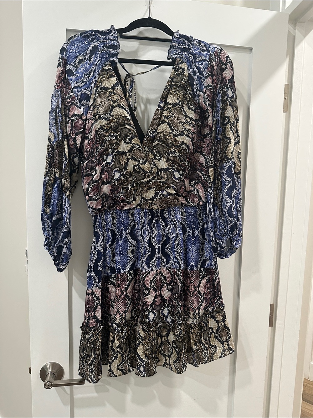 Parker Gladis Silk V-Neck Snake Print Peasant Top - Blue, Pink, Brown